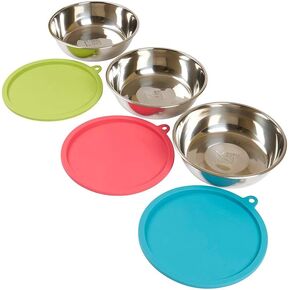 Messy Mutts 6-Piece Set | Three Stainless Steel Bowls and Three Colorful Silicone Lids | Sealable Travel Containers | Portable Food/Water Dishes for Pets | Medium, 1.5 Cups