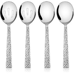E-far Hammered Serving Utensils, 5-Piece Stainless Steel Square Hostess Serving Set for Buffet Party Kitchen Restaurant, Mirror Finished & Dishwasher Safe
