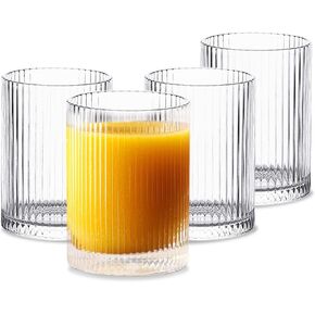 INSETLAN Glass Cups Vintage Glassware Set of 4 Large, Origami Style Transparent Cocktail Glasses Set, Bar Beverages Ice Coffee Cup Juice Ripple Drinkware, 370ml (L)