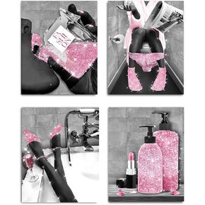 Fashion Wall Art Bathroom Pink Flowers Canvas, Black and White Girls Bedroom Wall Decor Modern Perfume Handbags High Heels Lips Poster Prints Pictures for Women Room Decor, Set of 4, 8x10in UNFRAMED