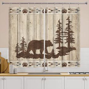 Bear Kitchen Curtains, Wild Animals Rustic Cabin Forest Bear Print Wooden Board Premium Decor Window Drapes Curtains 2 Panels, Upgrade Window Treatment Sets with Hooks, 55X39Inches