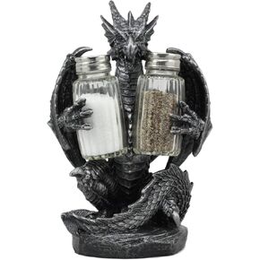 Ebros Gift "Blackened Spice" Black Semi Metallic Colored Medieval Gothic Dragon Salt And Pepper Shakers Set Holder Statue 7.75"Tall Legend Of The Swords Fantasy Scorch Fire Dragon Figurine