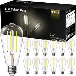 VOLIVO Edison Light Bulbs, Dimmable 7W Vintage LED Bulbs, E26 Medium Base, Warm White 2700K, ST58, 60W Equivalent, 80+ CRI,Clear Glass Filament Bulbs,Daylight, Classic Edison Antique Style 12 Pack