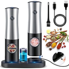Electric Salt and Pepper Grinder Set - Refillable Large Capacity - USB Rechargeable Automatic Pepper Mill Grinder - 5 Adjustable Coarseness - One Hand Operated - Stainless Steel, LED Light