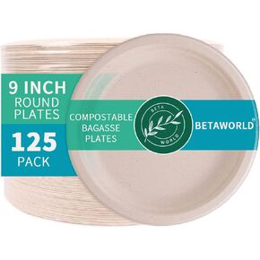 Paper plates, 100% Compostable, Heavy Duty, Made with sugarcane bagasse, Microwave Safe, Leakproof, Dinner plates/eco friendly - Unbleached disposable plates (125 count) 9 inches in Saudi Arabia
