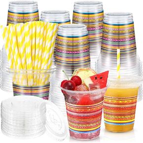 50 Pack Fiesta Plastic Cups with Lids and Paper Straws 12 oz Mexican Clear Disposable Cups Bulk Cinco De Mayo Plastic Cups for Fiesta Taco Birthday Party Drinkware Supplies