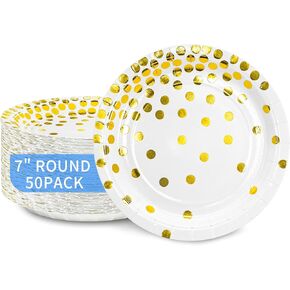 DYLIVeS White and Gold Paper Plates, 7 inch Metallic Foil Polka Dots Disposable Dessert Party Plates Cocktail Party Supplies Plates for Birthday, Bridal Shower, Easter, Graduation Party, 50 Pack