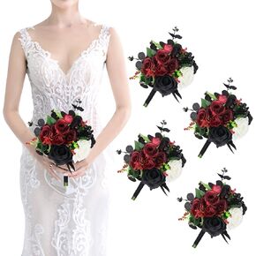 Gothic Bridesmaid Bouquets for Wedding - Set of 4 Artificial Flowers Bouquet for Halloween Decoration Marriage Proposal Party Ceremony Anniversary Dining Table Centerpieces - Black and Red