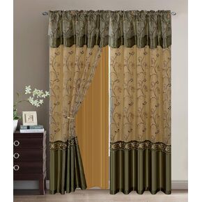 Fancy Collection Embroidery Curtain Set Drapes with Backing & Valance Sage/Gold (55"x 84")
