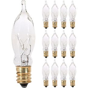KOR (12 Pack) 7.5CFC/15/3 7.5W 120 Volt, Flame Candelabra Tip Chandelier Bulb, Clear CA5 Incandescent, Petite Decorative Lamp, E12 Candelabra Brass Plated Base, 40 Lumens, Dimmable.