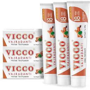معجون أسنان فيكو فاجرادانتي العشبي بنكهة القرفة - قابض طبيعي ومسكن| يتكون من 18 عشبة، طبيعية 100%، نباتية ولم يتم الإساءة إلى الحيوانات لتصنيعها (عبوة من 3 × 7 أونصة) in Kuwait