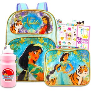 Disney Aladdin Backpack with Lunch Box Set - Bundle with 16" Princess Jasmine Backpack, Jasmine Lunch Bag, Water Bottle, Stickers, More Aladdin Backpack for Girls.