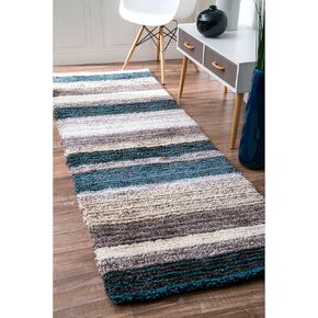 nuLOOM Drey Striped Shag Area Rug - 2x8 Runner Shag Rug Casual Blue Multi/Brown Rugs for Living Room Bedroom Dining Room Nursery Entryway Hallway