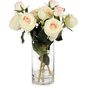 ENOVA FLORAL 9 Heads Silk Rose Artificial Flowers in Vase,Faux Rose Flowers Arrangement in Vase with Faux Water for Table Decor Centerpieces (Cream)
