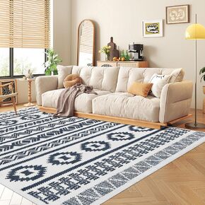 Washable Area Rug 4x6 Moroccan Rug for Bedroom Living Room Rug, Soft Modern Geometric Rug Stain Resistant Non-Slip, Low Pile Rug Indoor Carpet for Kitchen Dining Room Home Decor, Black/White