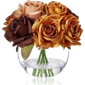 WELL KNOWN Silk Rose Artificial Flowers with Vase Artificial Rose Flower Arrangements in Round Bowl Vase with Faux Water for Home Table Decoration (Maillard)