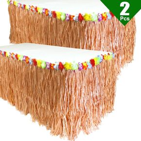 GiftExpress Pack of 2, 9 feet X 29" Luau Grass Table Skirt, Hawaiian Luau Libiscus Table Skirt for Hawaiian Party, Luau Party Supplies, Luau Party Decorations, Moana Birthday Party (Natural Hay Grass)