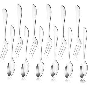 12pcs Stainless Steel Tea Dinner Server Spoon and Cake Fruit Forks Kitchen Accessory Wedding Party for Dessert, Salad, Appetizer, Cocktail(6 Forks + 6 Spoons)