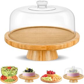 Bamboo Cake Stand with Dome Multi Function 6 in 1 Cake Holder Serving Platter, (12") Round Veggie Stand and Salad Bowl, Decorative Display Cake Stand with lid in Saudi Arabia