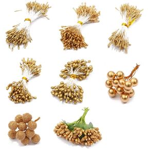8 Style Flower Stamen Pistil Artificial Gold Flower Stamen Fake Berries Stamen Pistil for DIY Scrapbook Home Decoration (Gold)