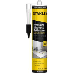 Stanley Premium Kitchen & Bathroom, 1x10.1 fl.oz. White, 100% Silicone Caulk - Low Odor, UV Protection, 100% Waterproof Sealant and Adhesive for Kitchen and Bathroom, Window & Door and Glazing, 1 Pack