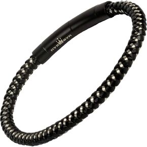 NVR GVN Black Leather and Steel Bracelet for Men Braided Cuff with Extension Clasp for Size Up