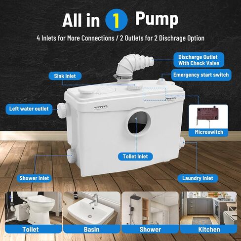 800watt Macerating Toilet Kit, Upflush Toilet with Macerator Pump for Basement, Two Piece Toilet with 4 Water Inlets Sewage Pump, Toilet Bowl, Dual-flush Tank, Soft Closing Toilet Seat in Saudi Arabia
