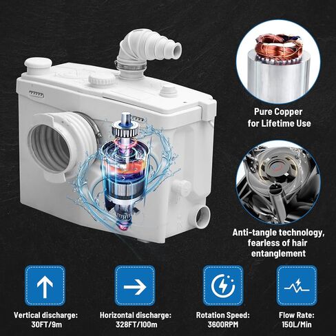 800watt Macerating Toilet Kit, Upflush Toilet with Macerator Pump for Basement, Two Piece Toilet with 4 Water Inlets Sewage Pump, Toilet Bowl, Dual-flush Tank, Soft Closing Toilet Seat in Saudi Arabia