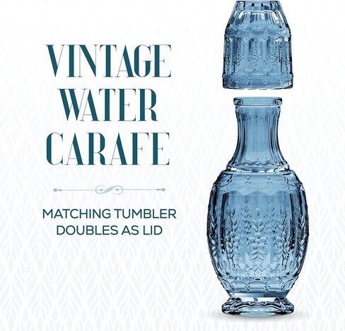 Elle Decor Vintage Bedside Water Carafe with Tumbler Glass – Elegant Pitcher and Matching Drinking Cup Doubles As Lid (Blue) in Saudi Arabia