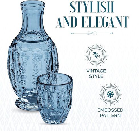 Elle Decor Vintage Bedside Water Carafe with Tumbler Glass – Elegant Pitcher and Matching Drinking Cup Doubles As Lid (Blue) in Saudi Arabia