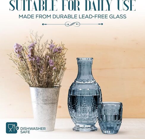 Elle Decor Vintage Bedside Water Carafe with Tumbler Glass – Elegant Pitcher and Matching Drinking Cup Doubles As Lid (Blue) in Saudi Arabia