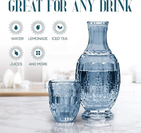 Elle Decor Vintage Bedside Water Carafe with Tumbler Glass – Elegant Pitcher and Matching Drinking Cup Doubles As Lid (Blue) in Saudi Arabia