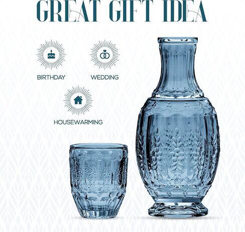 Elle Decor Vintage Bedside Water Carafe with Tumbler Glass – Elegant Pitcher and Matching Drinking Cup Doubles As Lid (Blue) in Saudi Arabia