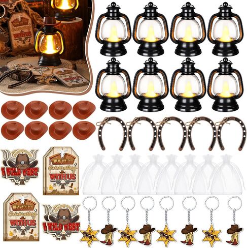 Ferraycle 96 Pcs Cowboy Party Favors Set Include Cowboy Hats Mini Lantern Decoration Mini Horseshoes Key Chains Cowboy Tags with Gift Bags for Western Cowboy Goodie Bags Stuffers Party Supplies in Saudi Arabia