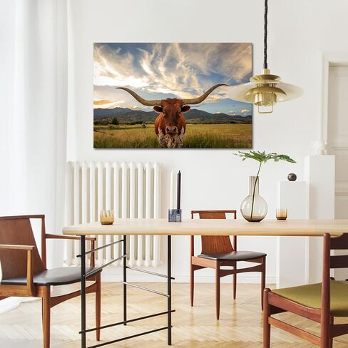 KREATIVE ARTS Black and White Texas Animal Canvas Wall Art Highland Cattle with Long Horns Picture Longhorn in Sunset Farm Painting for Home Decor Modern Living Room Decorations 47x32inch in Saudi Arabia