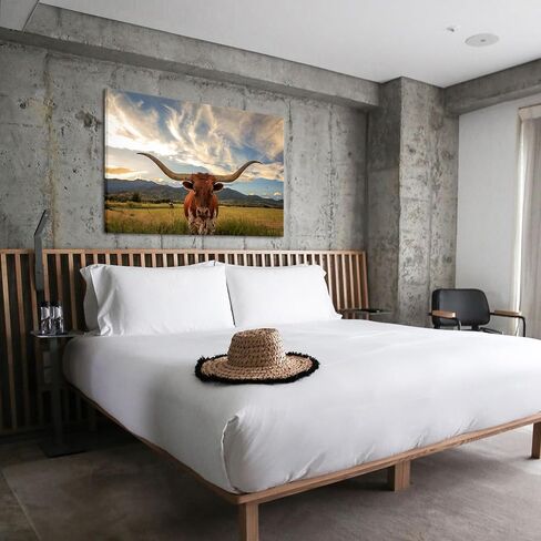 KREATIVE ARTS Black and White Texas Animal Canvas Wall Art Highland Cattle with Long Horns Picture Longhorn in Sunset Farm Painting for Home Decor Modern Living Room Decorations 47x32inch in Saudi Arabia