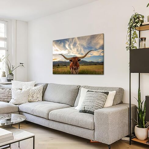 KREATIVE ARTS Black and White Texas Animal Canvas Wall Art Highland Cattle with Long Horns Picture Longhorn in Sunset Farm Painting for Home Decor Modern Living Room Decorations 47x32inch in Saudi Arabia