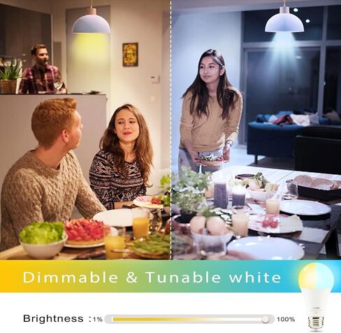 مصابيح الإضاءة الذكية Homevenus HVS، 9W A19 E26، لمبة إضاءة LED بيضاء دافئة وقابلة للضبط، 2500k-6500k، التحكم في التطبيق 2.4 جيجا هرتز اتصال WiFi Bluetooth Assist، تعمل مع Alexa/Google Assistant 4 Pack in Saudi Arabia