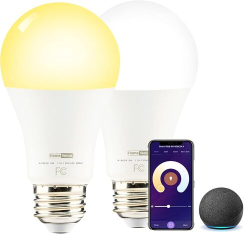 مصابيح الإضاءة الذكية Homevenus HVS، 9W A19 E26، لمبة إضاءة LED بيضاء دافئة وقابلة للضبط، 2500k-6500k، التحكم في التطبيق 2.4 جيجا هرتز اتصال WiFi Bluetooth Assist، تعمل مع Alexa/Google Assistant 4 Pack in Saudi Arabia