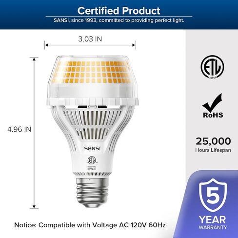 لمبة إضاءة LED مكافئة بقدرة 300 وات من SANSI، لمبة LED غير قابلة للتعتيم بقدرة 5000 لومن A21 مع قاعدة E26، طاقة 30 وات 5000 ك ضوء النهار الأبيض الساطع لورشة العمل المنزلية in Kuwait