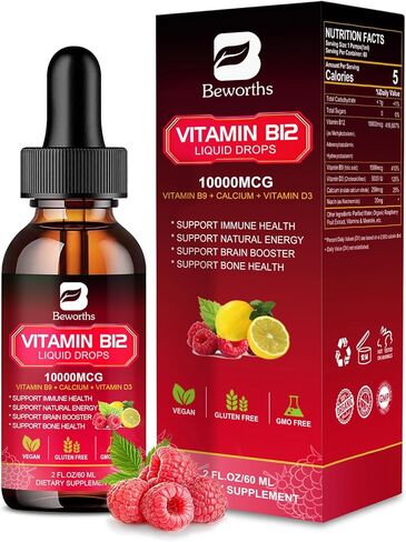 Vitamin B12 Liquid - Vitamin B12 Sublingual Liquid Drops | Methylcobalamin B12,10000mcg Formula with Vitamin B9, Vitamin D3, Calcium | Vegan B12 Vitamins Support Energy & Mood, Memory, Immune System in Saudi Arabia