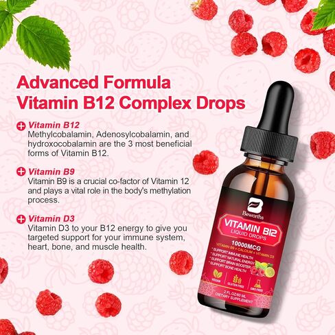 Vitamin B12 Liquid - Vitamin B12 Sublingual Liquid Drops | Methylcobalamin B12,10000mcg Formula with Vitamin B9, Vitamin D3, Calcium | Vegan B12 Vitamins Support Energy & Mood, Memory, Immune System in Saudi Arabia