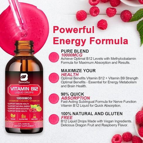 Vitamin B12 Liquid - Vitamin B12 Sublingual Liquid Drops | Methylcobalamin B12,10000mcg Formula with Vitamin B9, Vitamin D3, Calcium | Vegan B12 Vitamins Support Energy & Mood, Memory, Immune System in Saudi Arabia