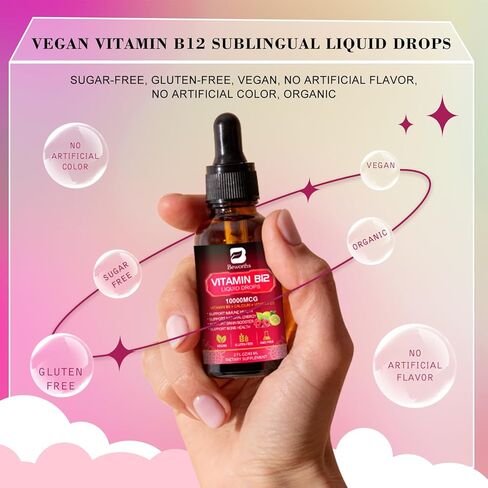 Vitamin B12 Liquid - Vitamin B12 Sublingual Liquid Drops | Methylcobalamin B12,10000mcg Formula with Vitamin B9, Vitamin D3, Calcium | Vegan B12 Vitamins Support Energy & Mood, Memory, Immune System in Saudi Arabia