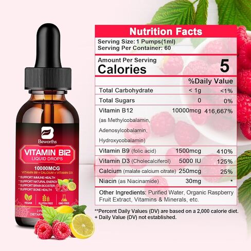 Vitamin B12 Liquid - Vitamin B12 Sublingual Liquid Drops | Methylcobalamin B12,10000mcg Formula with Vitamin B9, Vitamin D3, Calcium | Vegan B12 Vitamins Support Energy & Mood, Memory, Immune System in Saudi Arabia