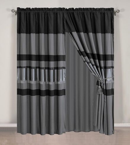 4 Piece Chenille/Woven Jacquard Grey/Gray Silver Stripe Curtain Set 108 inch Wide X 84 inch Long (2 Window Panels, 2 Ties) in Saudi Arabia