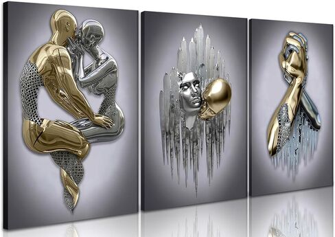 Modern Bedroom Wall Art Set of 3-3D Metal Effect Couple Canvas Paintings Wall Decor, Abstract Figure Statue Art Prints for Living Room Home Decor - 16x24in Framed in Saudi Arabia