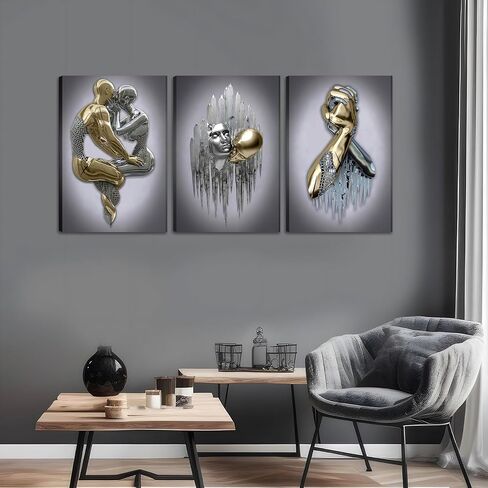 Modern Bedroom Wall Art Set of 3-3D Metal Effect Couple Canvas Paintings Wall Decor, Abstract Figure Statue Art Prints for Living Room Home Decor - 16x24in Framed in Saudi Arabia