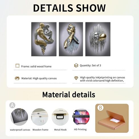 Modern Bedroom Wall Art Set of 3-3D Metal Effect Couple Canvas Paintings Wall Decor, Abstract Figure Statue Art Prints for Living Room Home Decor - 16x24in Framed in Saudi Arabia