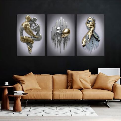 Modern Bedroom Wall Art Set of 3-3D Metal Effect Couple Canvas Paintings Wall Decor, Abstract Figure Statue Art Prints for Living Room Home Decor - 16x24in Framed in Saudi Arabia
